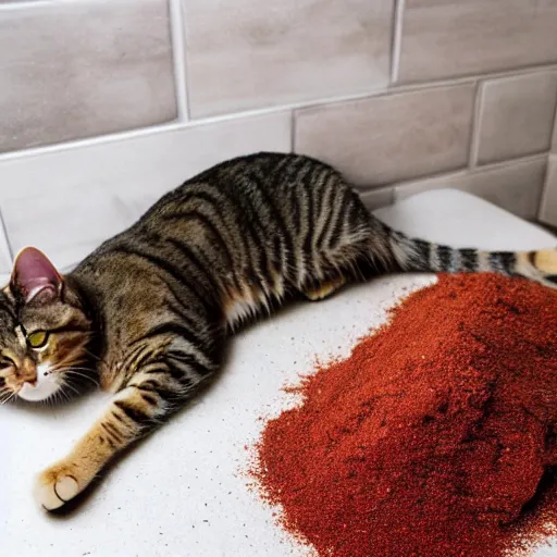 Prompt: photograph of a tabby cat on kitchen countertop being seasoned with spices