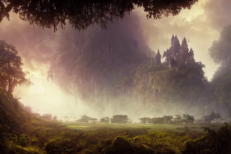 Prompt: single fantasy castle in foreground in the lush forest in the background and a scorching sun moving through the cloudless sky, illustrated by Greg Rutkowski and Gaston Bussiere, 35mm lens, beautiful macro close-up imagery, intense hot lighting, beautiful volumetric-lighting-style atmosphere