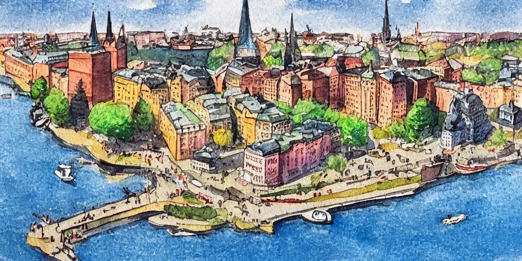 Image similar to isometric view of stockholm, watercolour realism