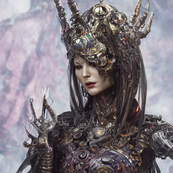 Image similar to mystical evil android queen with obsidian eyes, wearing an elaborate helmet, inside a wax palace, ultra realistic, concept art, intricate details, serious, highly detailed, photorealistic, octane render, 8 k, unreal engine, art by todd mcfarlane and artgerm and greg rutkowski and alphonse mucha