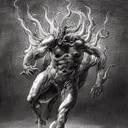 Image similar to full body grayscale drawing by Gustave Dore of horned muscled humanoid demon, engulfed in swirling flames