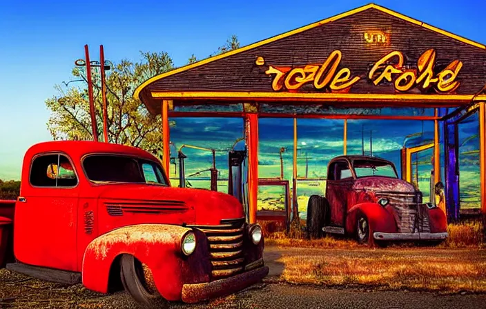 Image similar to A beautiful colorful evening scene of route66, old road with abandoned gas station and rusty old pickup truck, hyper realistic, blinding backlight evening sun, sparkling sun rays, epic scene, intense setting, evening vibe