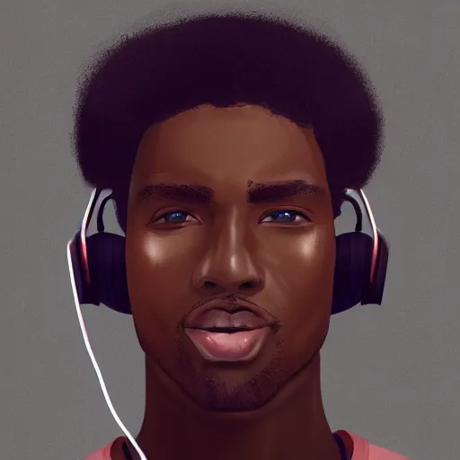 Image similar to portrait of a black man with afro wearing headphones, looking cool, digital painting, artstation