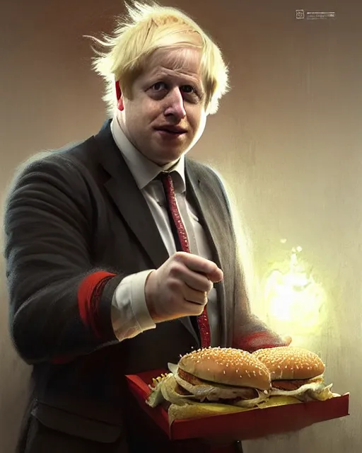 Image similar to boris johnson working at burger king, character portrait, ultra realistic, concept art, intricate details, highly detailed by greg rutkowski, gaston bussiere, craig mullins, simon bisley