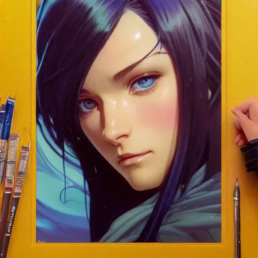 Image similar to highly detailed vfx portrait of nico robin, greg rutkowski, loish, rhads, makoto shinkai, tom bagshaw, alphonse mucha, sharp focus, art by artgerm and greg rutkowski, stanley kubrick, backlit, harsh overhead sunlight, blue eyes,