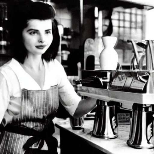 Image similar to young isabella rossellini working as a barista