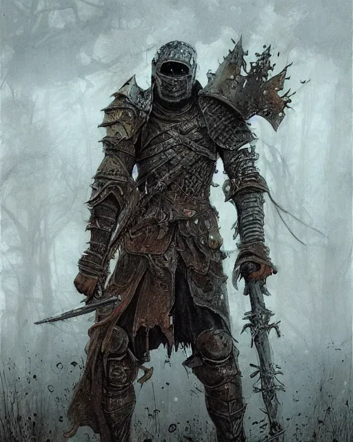 Prompt: a hyper realistic painting of a fantasy undead knight in old broken armor, pale colors, fog, dark fantasy, cinematic lighting, nighttime, by rebecca guay