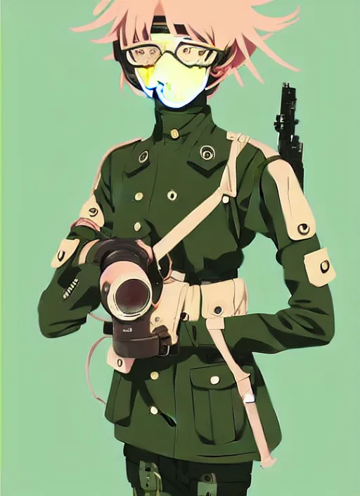 Image similar to singular girl with wearing ww 2 gas mask, ww 2 uniform, very anime!!! anime!! intricate details, aesthetically pleasing pastel colors, poster background, art by conrad roset and ilya kuvshinov