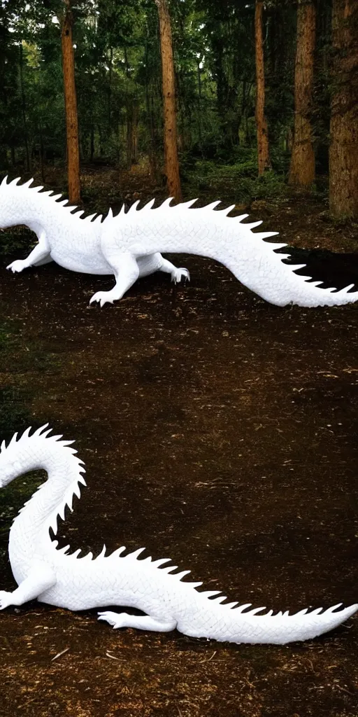 Prompt: A white dragon in the woods at nigth resting in front a camp fire