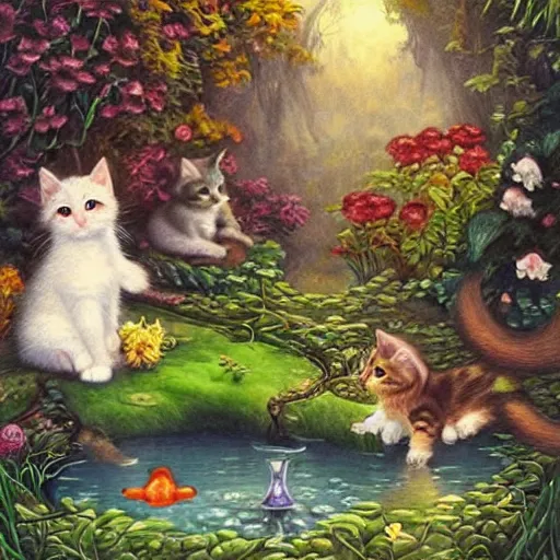 Prompt: two kittens in the enchanted forest watching the goldfish in the stream, fantasy, intricate, extremely detailed, matte, artstation, art by artgerm, louis wain