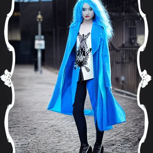 Image similar to fashion 2 0 5 0 fantastic openwork long coat with intricate pattern on a beautiful symmetrical girl with blue hair, hyper realistic photos