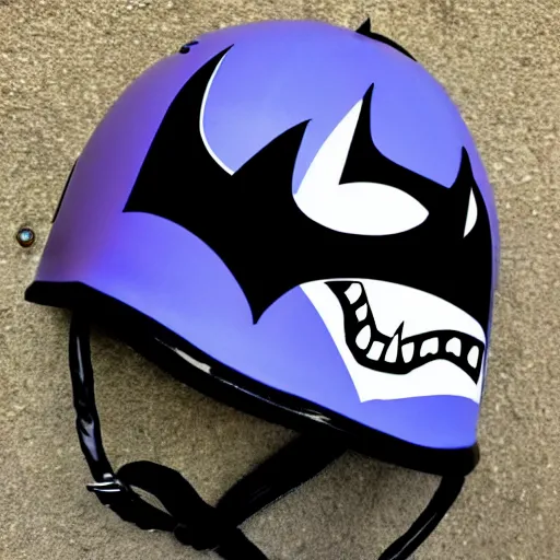 Image similar to batman inspired helmet with the jokers color palette and graffiti