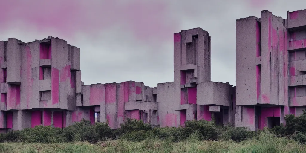 Prompt: a photo of a brutalist building ruins with accents of pink and cyan. dark and moody.