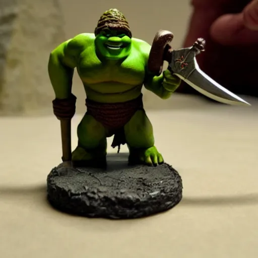 Image similar to a dungeons and dragons miniature of shrek wielding an axe, onlooking players are horrified
