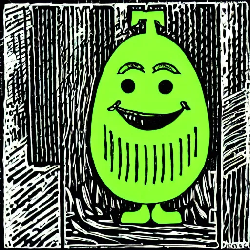 Image similar to linocut of a humanoid smiling pickle