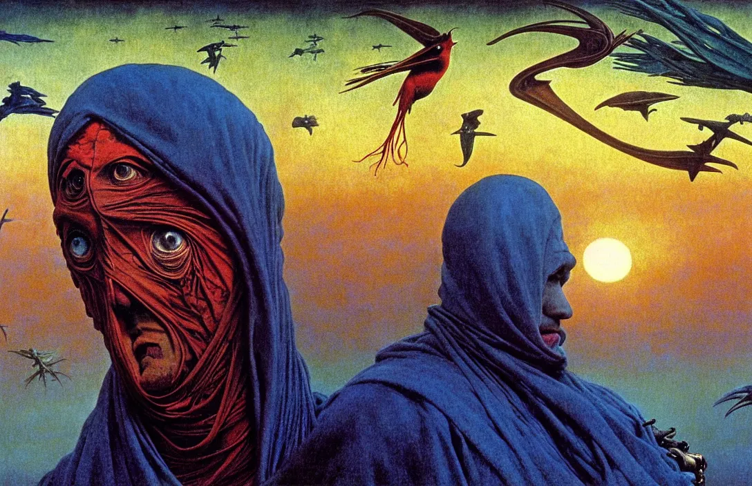 Image similar to realistic detailed portrait movie shot of a birdman wearing dark ragged robes, sci fi city sunset landscape background by denis villeneuve, amano, yves tanguy, alphonse mucha, ernst haeckel, max ernst, roger dean, masterpiece, rich moody colours, bird head, blue eyes