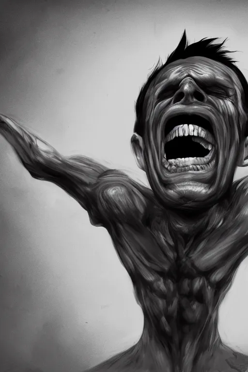 Image similar to his endless screaming makes his own mind eat him up, abstract, surrealism, black and white, artstation, deviantart, pinterest, 8 k