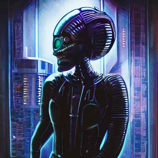 Image similar to focused portrait painting of a punk rock alien wearing a futuristic space suit, cyberpunk city on wall in background, mood lighting, in the style of HRGiger, 8K C 12.0