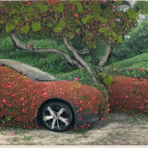 Image similar to a car being destroyed by flower covered vines, heonhwa choe, photorealistic