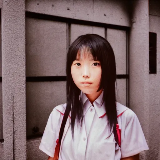 Image similar to a perfect 8K HD professional photo of close-up japanese schoolgirl posing in sci-fi dystopian alleyway, at instagram, Behance, Adobe Lightroom, with instagram filters, depth of field, taken with polaroid kodak portra