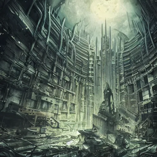 Image similar to abandoned ruined futuristic mega city, gothic art, color, detailed, eerie, emotional, sad, highly detailed, sharp focus, motherboard, Artstation, deviantart, artgem, golden ratio, n the style of Heavy Metal Comics