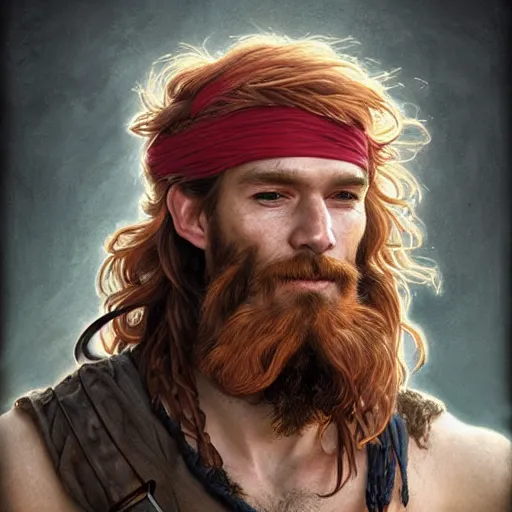 Image similar to portrait of a young ruggedly handsome but cantankerous pirate, male, masculine, upper body, red hair, long hair, d & d, fantasy, bashful smirk, intricate, elegant, highly detailed, digital painting, artstation, concept art, matte, sharp focus, illustration, art by artgerm and greg rutkowski and alphonse mucha