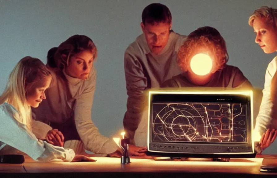 Prompt: 1990s color commercial still of 3 people looking at an old glowing computer monitor on a desk with candles and orbs in a dark witchy room, the computer screen has occult diagrams, lighting people's faces. Grainy, cinematic, glitch, witchcore