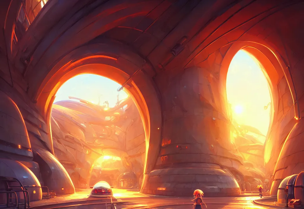 Image similar to chubby futuristic tunnel entrance, golden hour, intricate oil painting, high detail illustration, sharp high detail, manga and anime 1 9 9 9, official fanart behance hd artstation by jesper ejsing and makoto shinkai, 4 k,