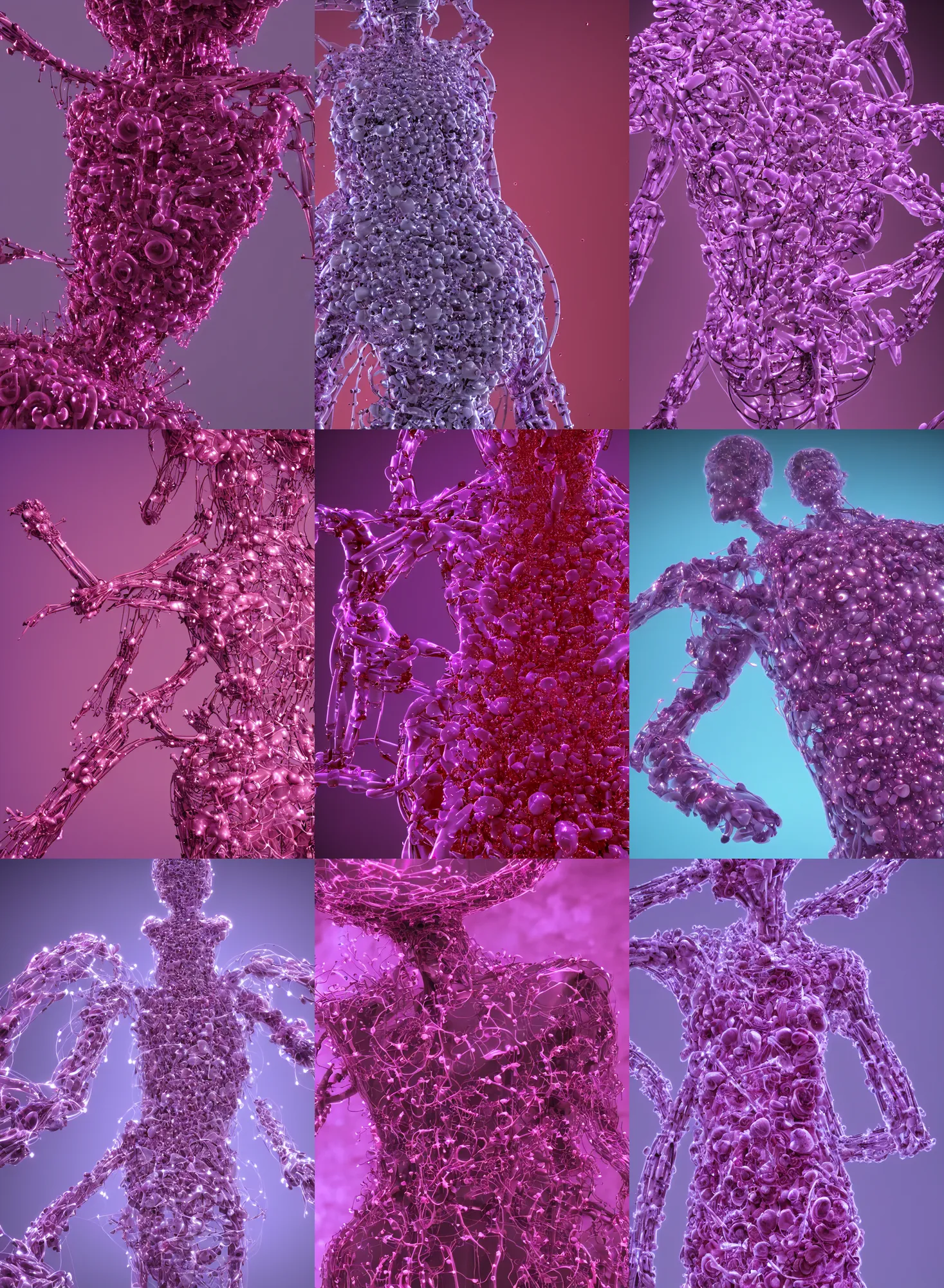 Prompt: techno-biological cyber biopunk dress liquid complex structure rosebuds on his surface inflateble shapes, bones, extremely high detail, cinema 4d cinematic , glowing purple, vibrant red