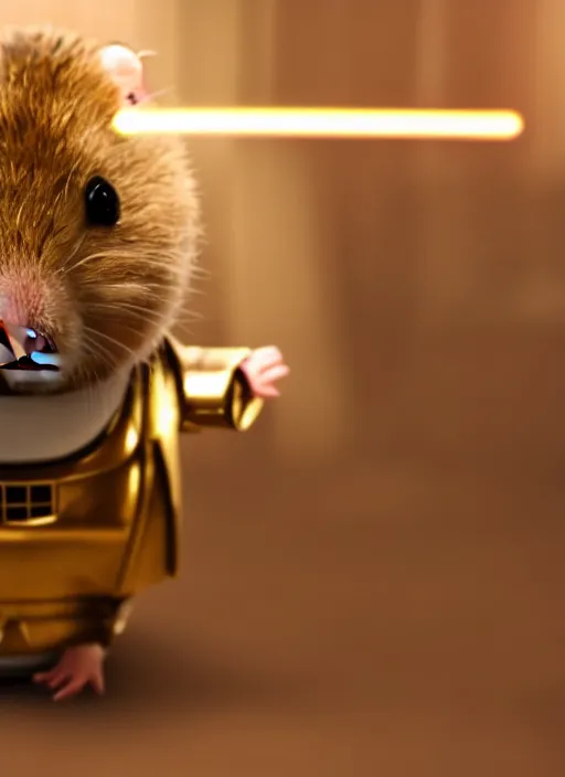 Prompt: a hamster!!!!!!!!! as c - 3 po, movie still, star wars, cinematic, sharp focus, cinematic grain, cinematic lighting, 8 k