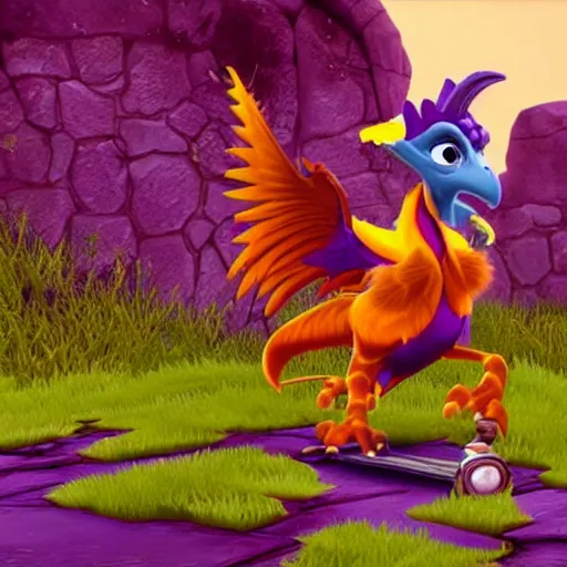 Image similar to screenshot of a humanoid griffin bard with a feather in its cap as an enemy in spyro the dragon video game, with playstation 1 graphics, activision blizzard, upscaled to high resolution