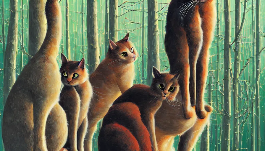 Image similar to highly detailed contemporary acrylic painting of really tall sitting cats by greg tocchini, thick brush strokes and visible paint layers, dense overgrown forest background, vivid pastel color scheme