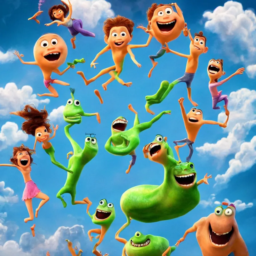 Image similar to full body shot of dancers dancing on the clouds, 3 d animated pixar!! illumination studios animated movie by pete docter, extremely happy smiling and eerie smiles, slimy fluid liquid