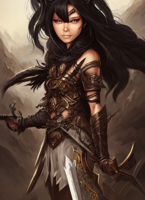 Image similar to beautiful warrior lady, black long hair, practical armor, brown skin, demonic eyes, low fantasy, extremely detailed, sharp focus, smooth, digital illustration, by rossdraws, frank franzzeta, sakimichan