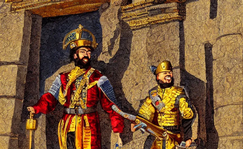 Image similar to smiling spanish conquer soldier holding golden cup on a inca temple, highly detailed, digital painting