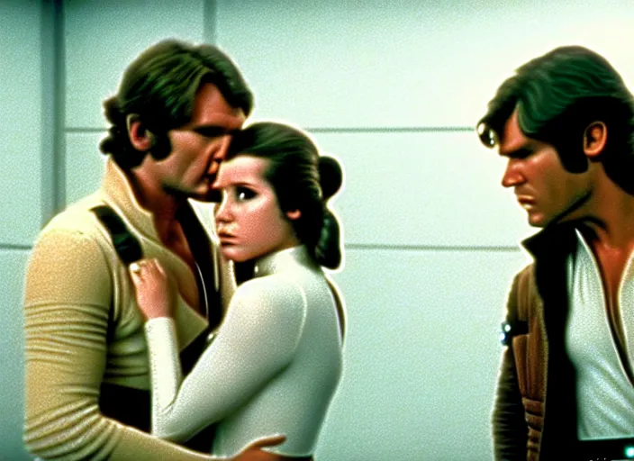 Image similar to screenshot of Han Solo kissing Princess Leia Organa, alone, pensive, iconic scene from 1970s Star Wars film directed by Stanley Kubrick, in a sci fi nursing home architecture, last jedi, 4k HD, cinematic still frame, photoreal, beautiful portraits, moody lighting, stunning cinematography, anamorphic lenses, kodak color film stock