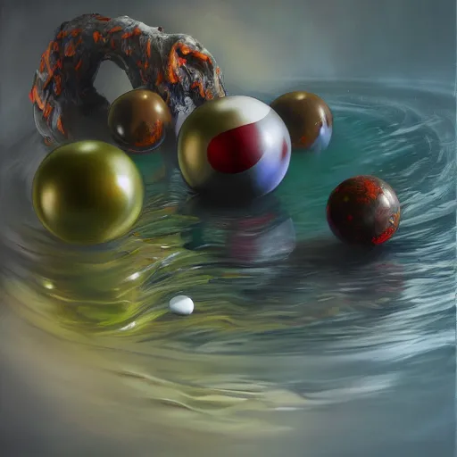 Image similar to death nature with pool balls, oleo painting, higly detailed, 8 k, photorealistic, art concept, artstation, sharp focus