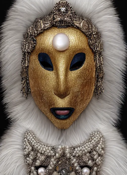 Image similar to hyperrealism, detailed textures, award winning autochrome photo, symetrical japanese pearl, beautiful dreaming animal pearl queen, autochrome pearl portrait, pearl silverplate, intricate, detailed facial pearl scary animal mask, pearl, golden jewelery, silverplate, ultra realistic, cinematic, intricate, cinematic light by steve mccurry, unreal engine 8 k