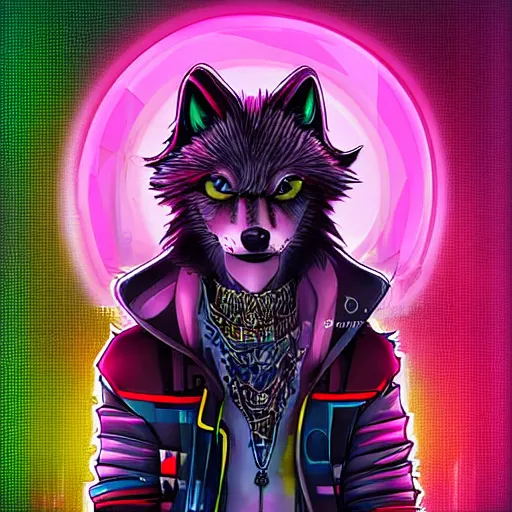 Prompt: beautiful furry art portrait digital art, vibrant neon commission of a furry anthro wolf fursona wearing punk clothes in a cyberpunk city.