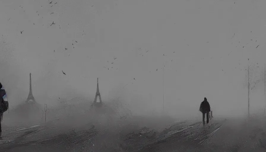 Image similar to guy with bagpack and his dog walking in desolated paris, grey sky, muddy road, dusty cars, crows in the sky, hyperdetailed, artstation, cgsociety, 8 k