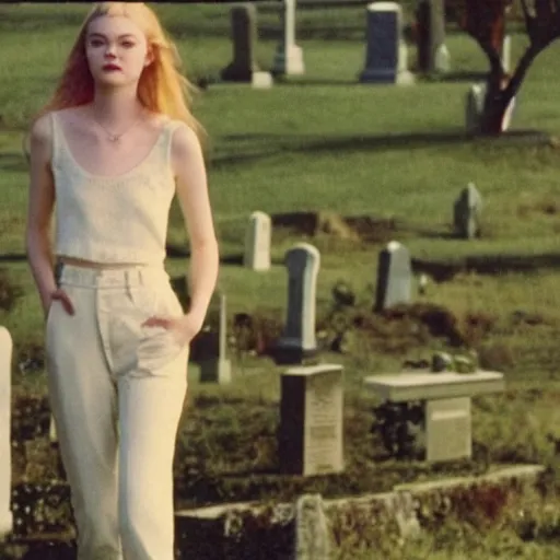 Prompt: a low - quality vhs video from 1 9 9 0 of elle fanning wandering a moonlit cemetery