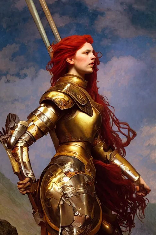 Prompt: half body matte portrait of a red haired valkyry in a heroic pose and wearing thick bronze plate armor at the top of a mountain holding a spear made of lightning, art by albert bierstadt, alphonse mucha, andreas rocha, greg rutkowski, sharp edges. ultra clear detailed. 8 k. elegant. octane render
