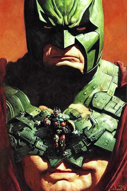 Image similar to upper body and head portrait of hulking brock lesnar as evil batman wearing cape and armour, painted by lawrence alma tadema, zdzislaw beksinski, norman rockwell, jack kirby, tom lovell, greg staples