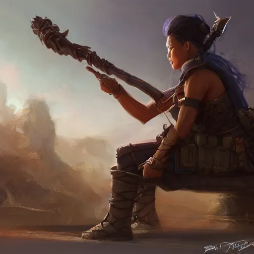 Prompt: side profile of a filipino holding a scepter while sitting on a tank, highly detailed, d & d, fantasy, digital painting, artstation, concept art, sharp, focus, illustration, global illumination, matte, by artgerm and greg rutkowski