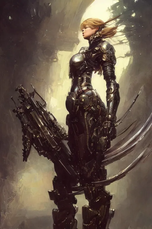 Prompt: full body girl metal armor holding a gunsword dramatic poses painting beautifull face no blur by gaston bussiere, greg rutkowski, yoji shinkawa, yoshitaka amano, tsutomu nihei, tim hildebrandt, oil on canvas, trending on artstation, featured on pixiv, cinematic composition, hyper detailed,