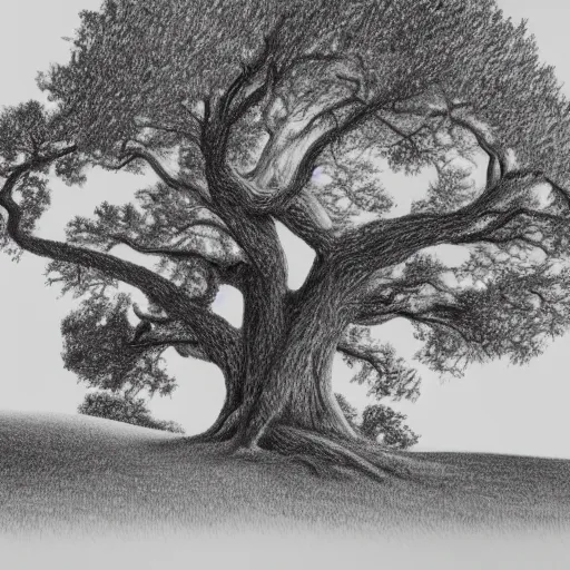 Prompt: oak tree on a hill, pencil drawing, detailed, landscape view