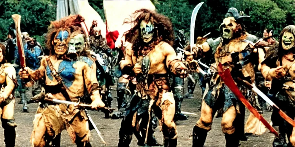 Image similar to A full color still from a Stanley Kubrick film featuring actors dressed as angry Orcs, waving swords, 35mm, 1970