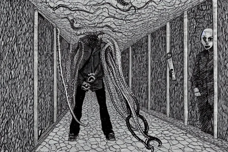 Prompt: Liquidator burns out tentacles in soviet liminal corridors by Masahiro Ito