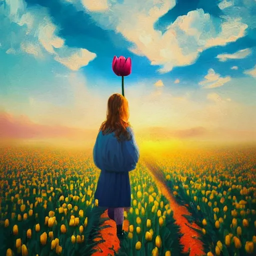 Image similar to giant tulip head dutch girl, surreal photography, flower field, sunset dramatic light, impressionist painting, colorful clouds, blue sky, digital painting, artstation, simon stalenhag