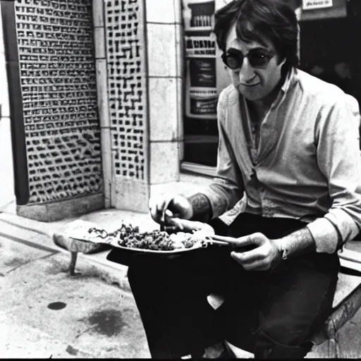 Prompt: a black and white old photo of john lennon eating falafel in tel aviv street